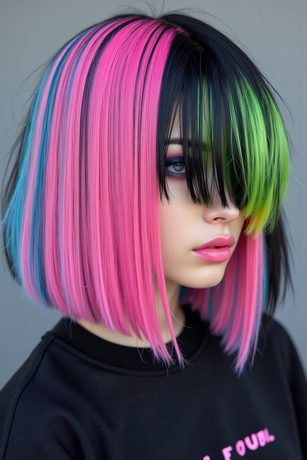 A close-up shot of a person with an edgy BOB haircut,  showcasing vibrant,  colourful locks. The focal point is the striki...