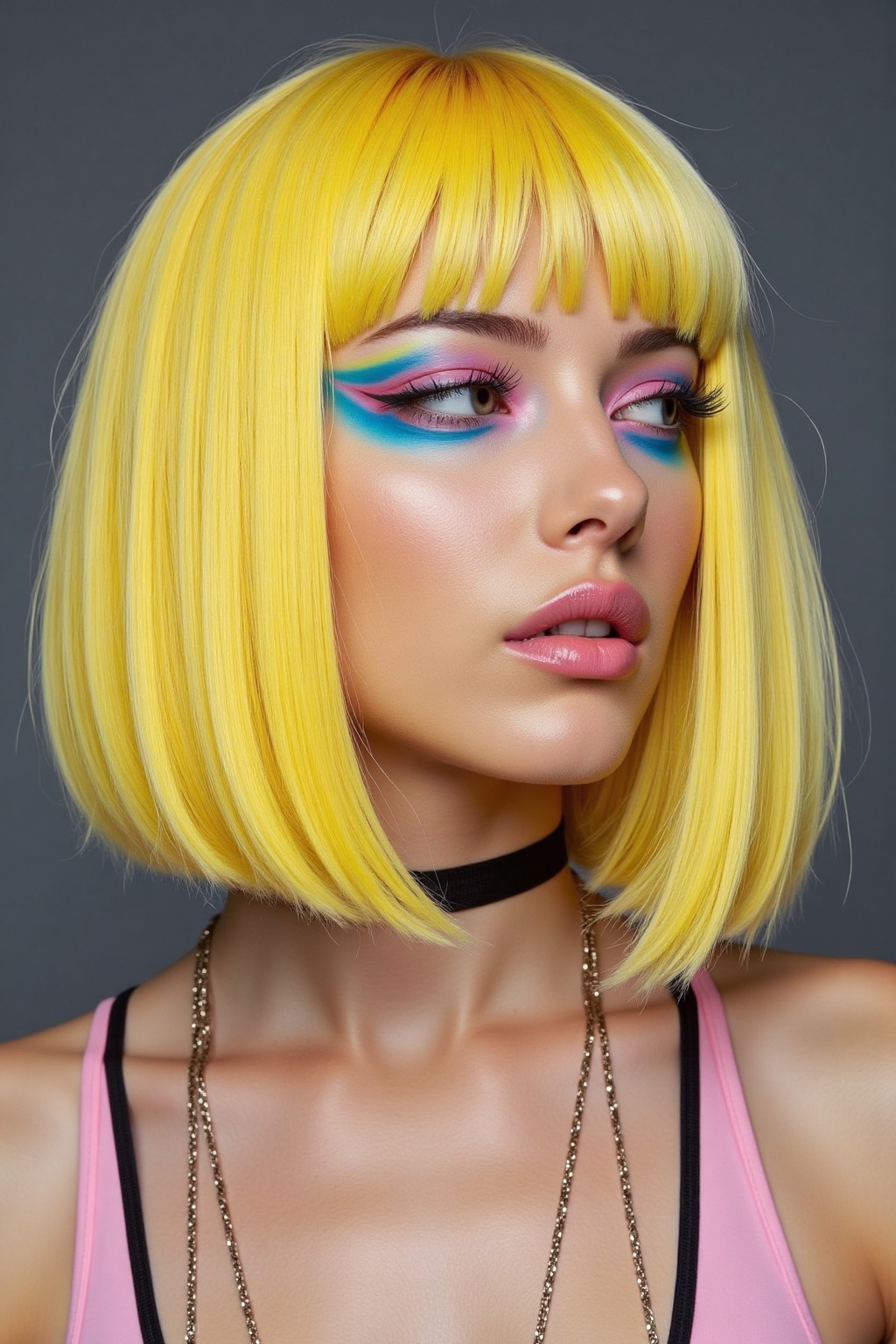 Bob-cut blonde hair cascades down the subject's face in a half-sized shot,  as a team of makeup artists transforms their l...