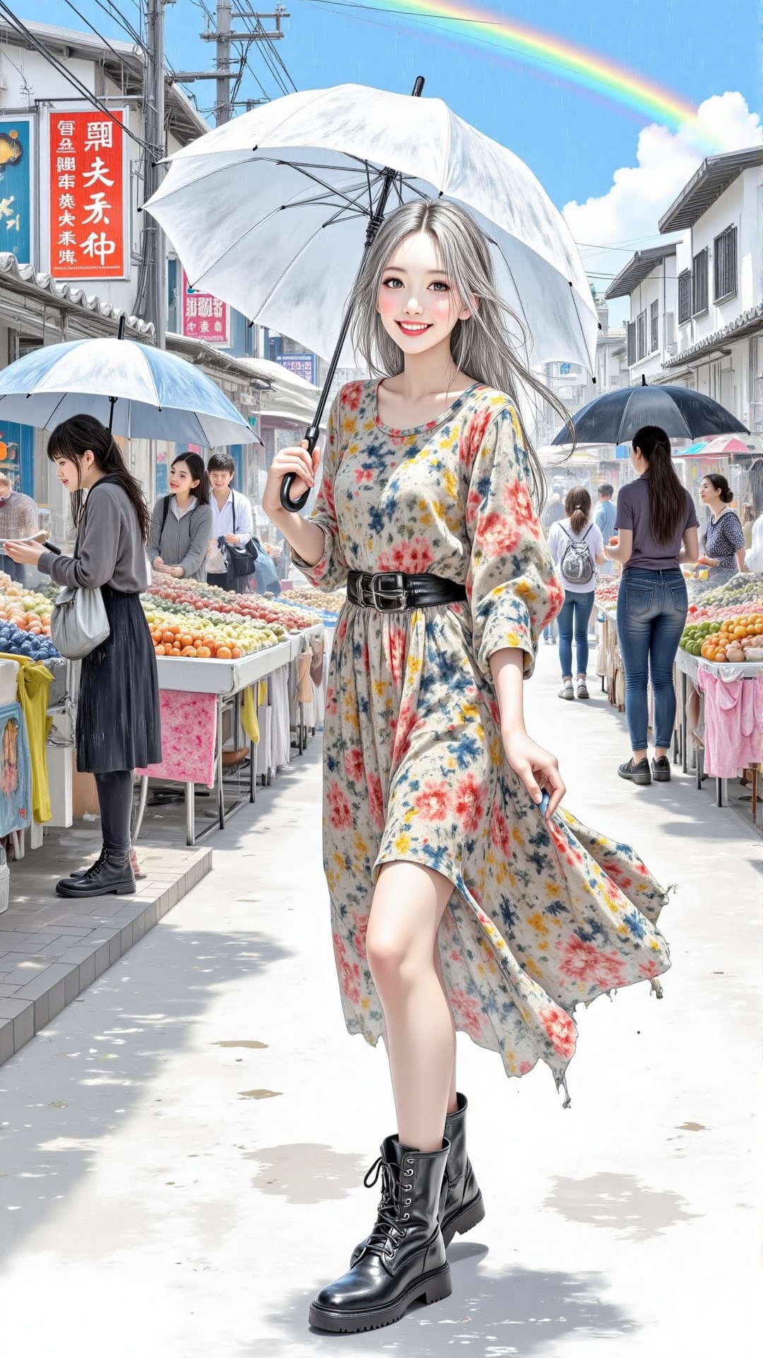 Color ink illustration: A sweet Asian girl,  with long white flowing hair that reaches her calves. She is wearing a loose,...