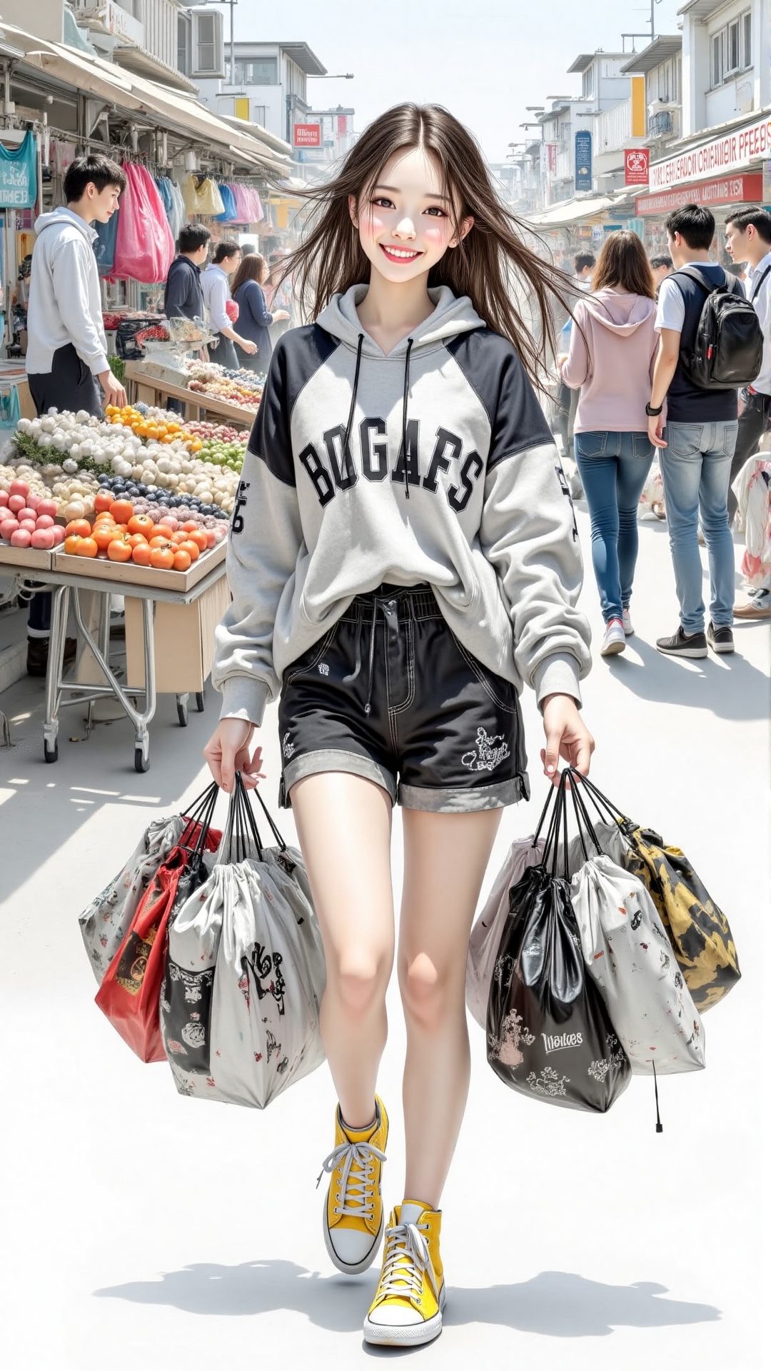 Color ink illustration: A sweet Asian girl with long flowing brown hair,  wearing a loose baseball hoodie,  with well-prop...