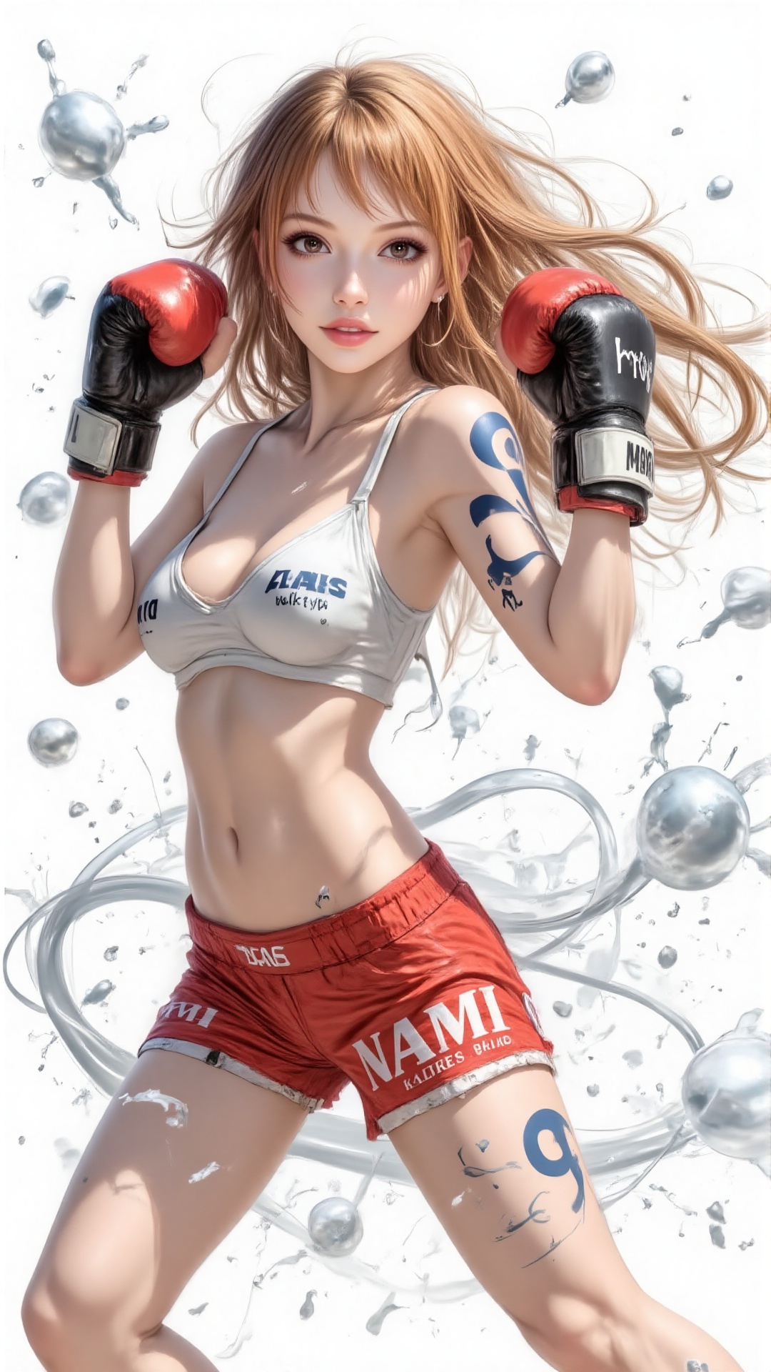 Color ink illustration: A fit Asian girl,  with long white hair swinging beautifully with her body movements,  wearing a w...