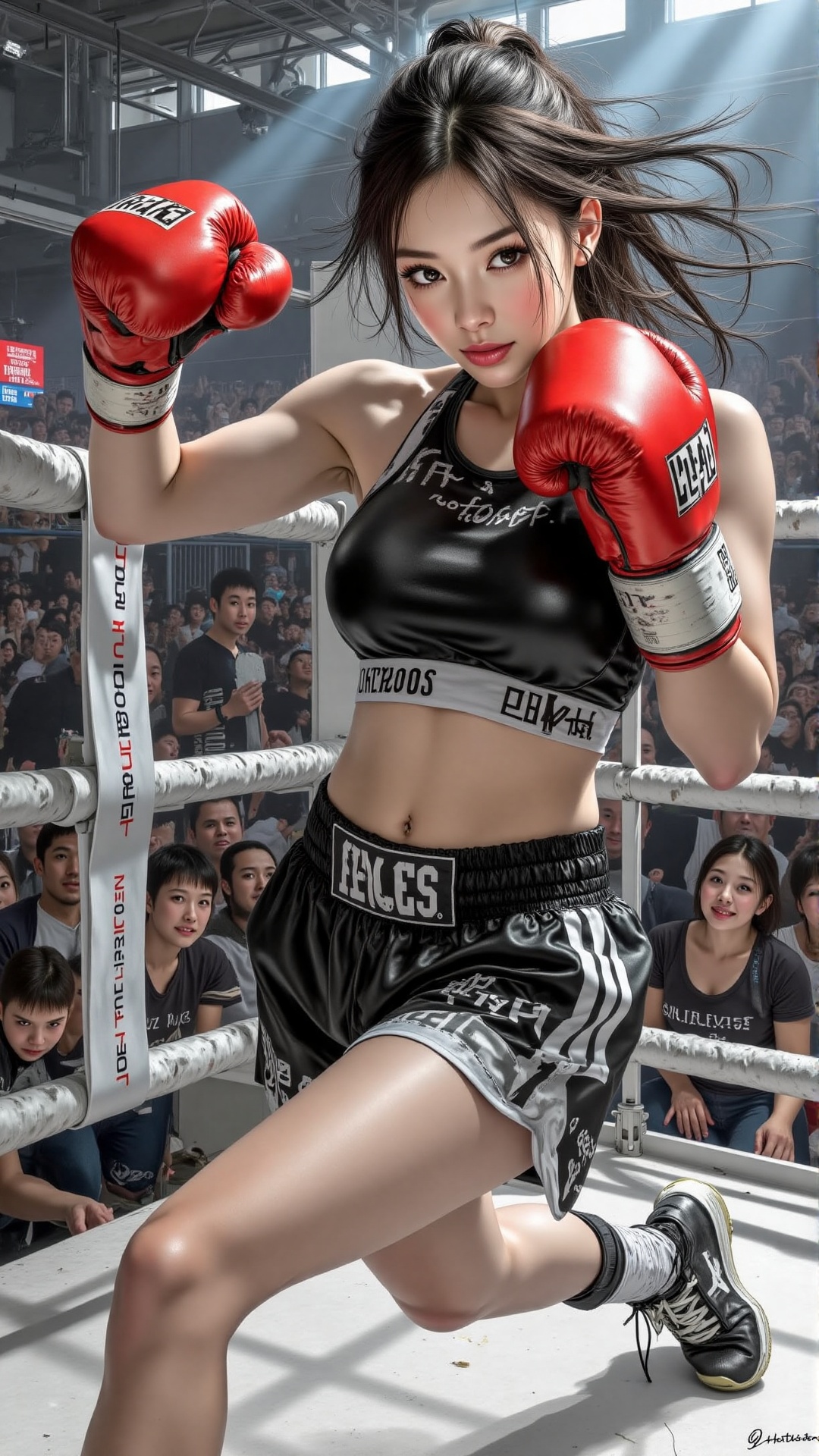 Color ink illustration brush masterpiece: A hyperrealistic photo of a stunning Korean woman mid-punch in a boxing ring,  c...