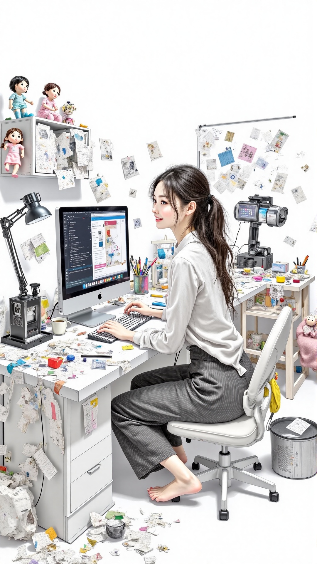 Color ink illustration: a beautiful Asian girl in a studio with a computer,  a checklist machine,  a drawing table on Tens...