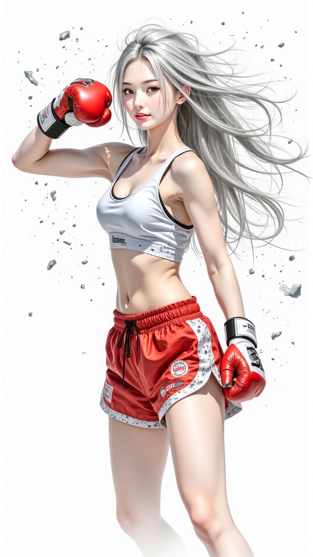 Color ink illustration: A fit Asian girl,  with long white hair swinging beautifully with her body movements,  wearing a w...
