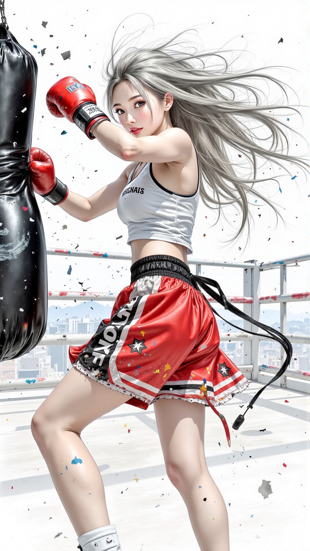 Color ink illustration: A fit Asian girl,  with long white hair swinging beautifully with her body movements,  wearing a w...