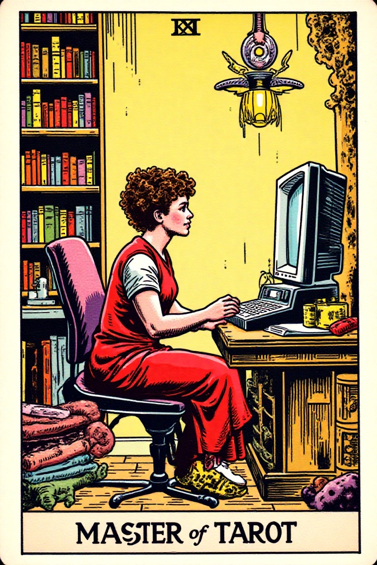 tarot card illustration of a geeky fortune teller in front of her vintage computer . number in roman numbers at the top of...
