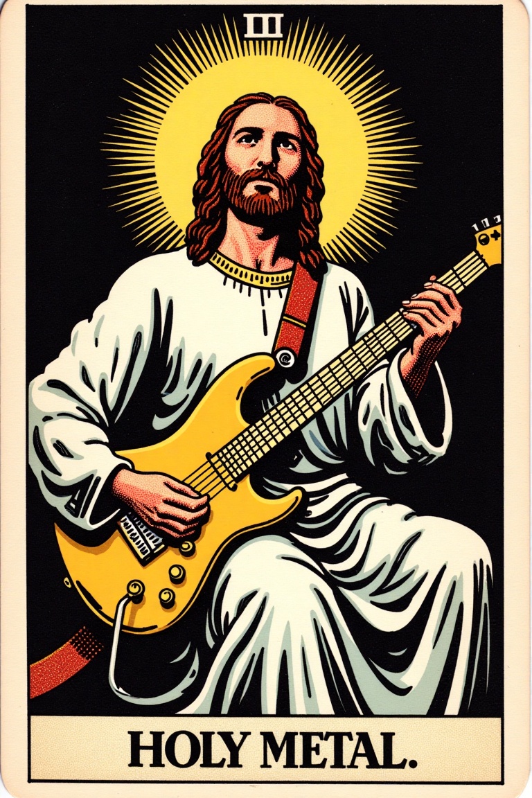 jesus is playing electric guitar. bottom of the card reading "HOLY METAL" ,  tarot card,  trtcrd on Tensor.Art