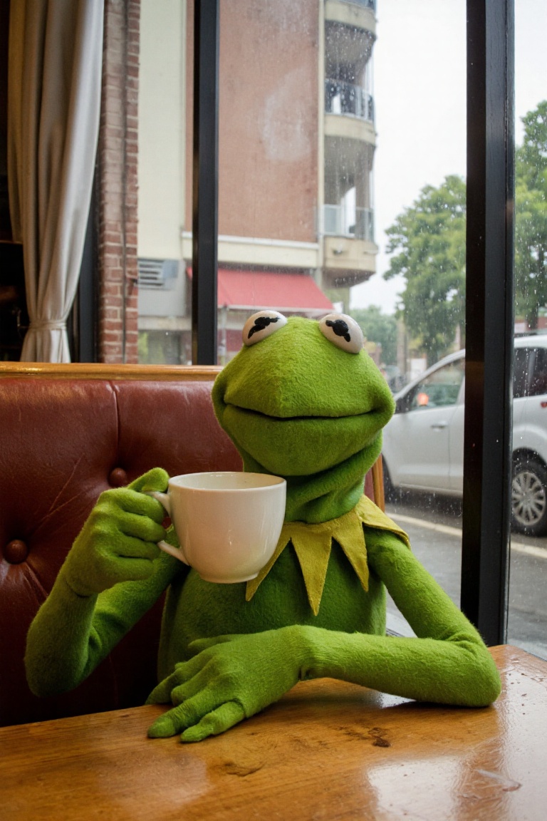kermit the frog holding a tea cup near his lips,  sitting in a cafe booth near the window,  with light rain outside on Ten...