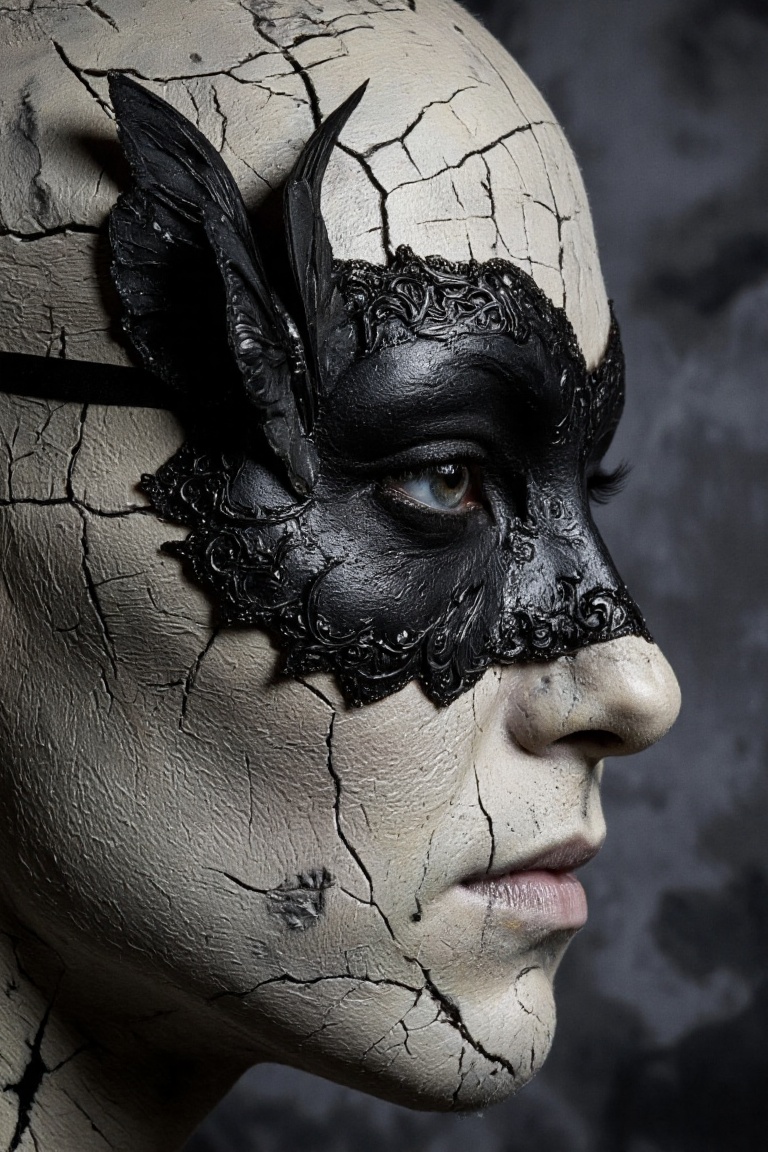highly detailed,  gothic-style photograph of a person's face,  focusing on the left side. The subject's skin is painted in...