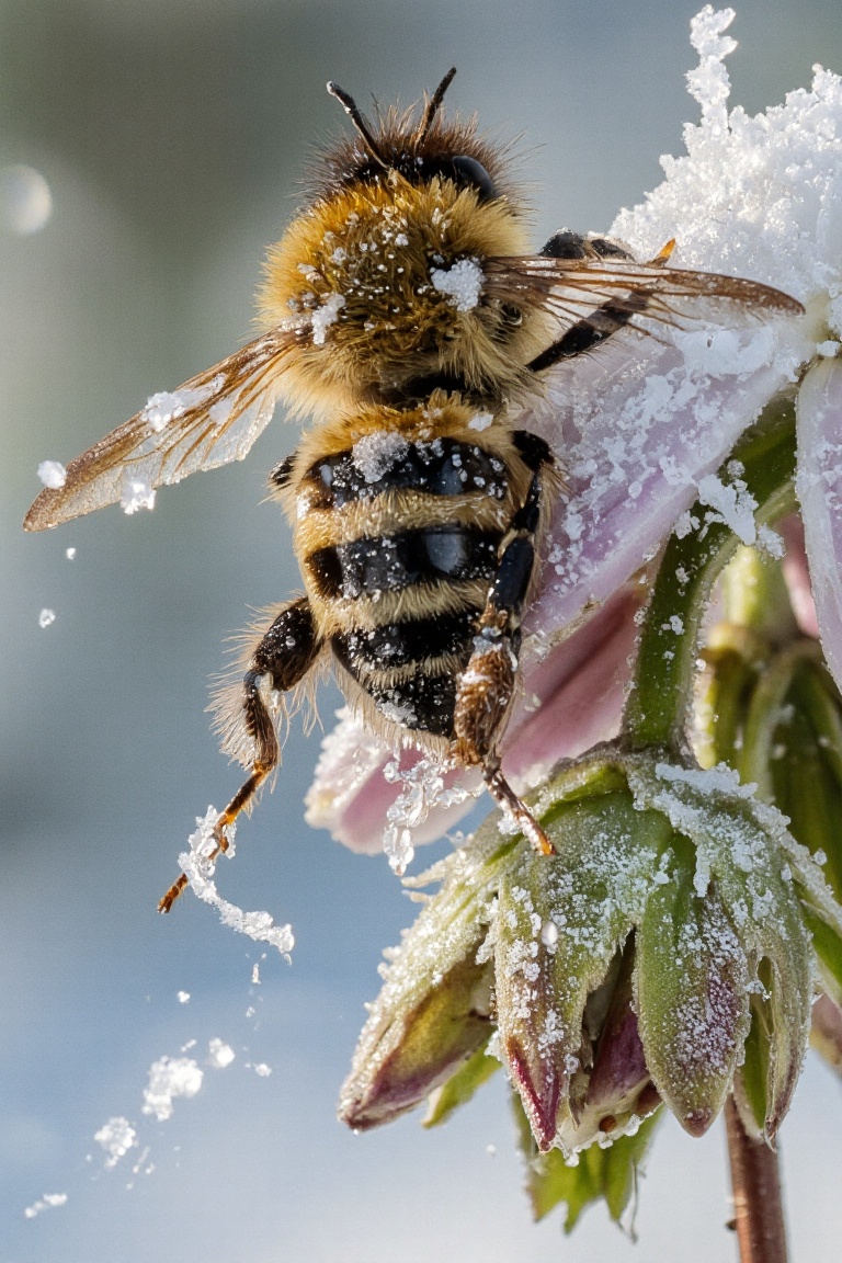 Capture a dramatic macro photograph of a bee perched on a frosty flower during a snowfall. The bee’s fuzzy body is coated...