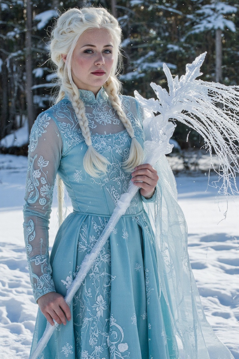 pinkdarkfantasy,  A woman with snow-white hair styled into elaborate braids,  her icy blue gown covered in frost-like embr...