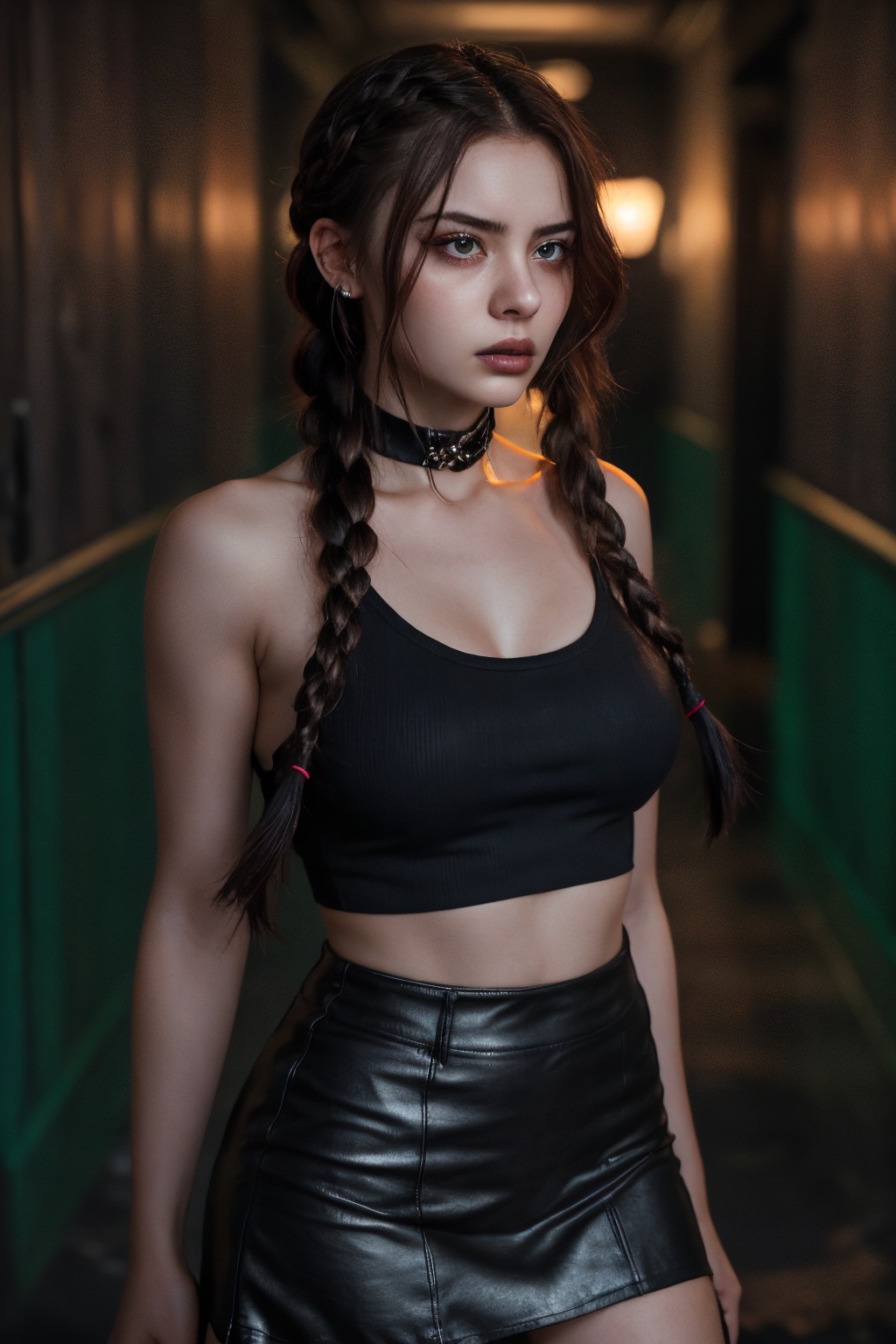 : A young woman with braided hair stands confidently in a narrow,  dimly lit hallway,  holding a handgun at her side. She...