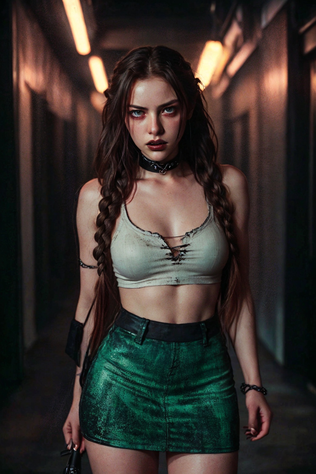: A young woman with braided hair stands confidently in a narrow,  dimly lit hallway,  holding a handgun at her side. She...