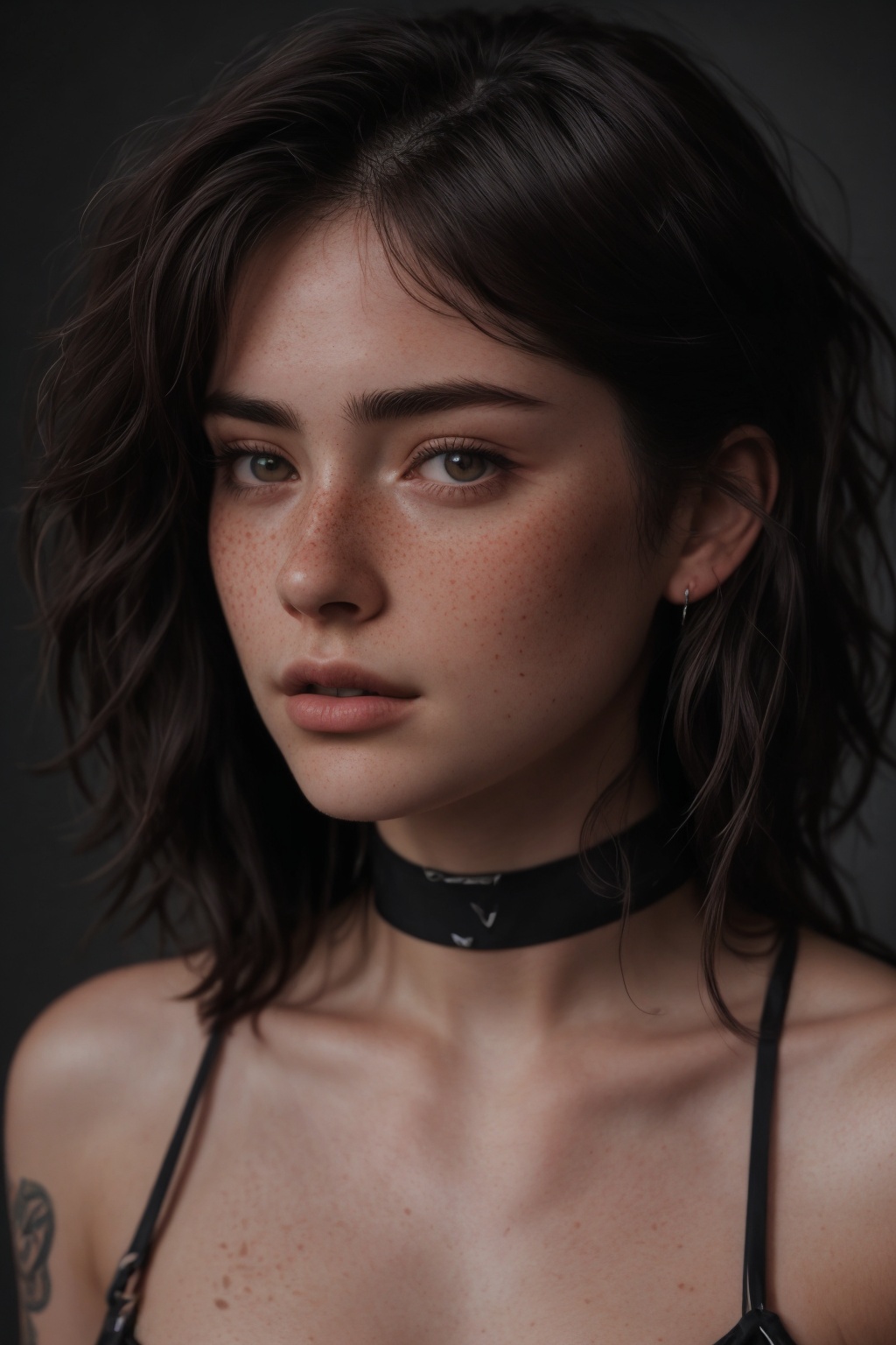 A moody college photo shoot featuring a young woman with medium hair and striking features. The camera captures her detail...