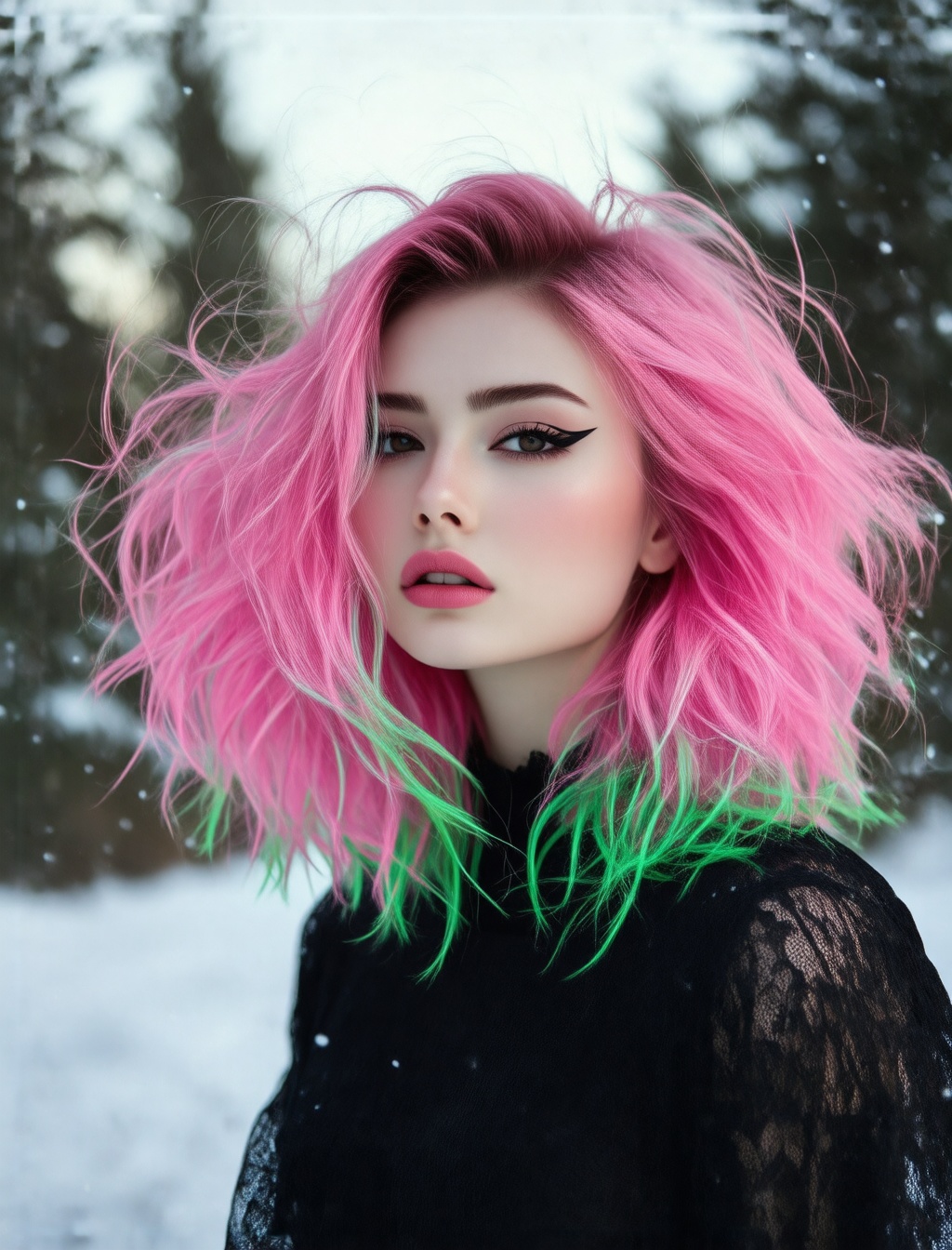 A young woman with vibrant pink and green wavy hair stands outdoors wearing a black lace top. Her makeup is striking with...
