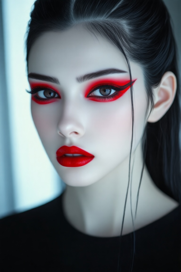 A extreme close-up of a woman with pale skin and striking red eyeshadow her dark hair pulled back. She wears a black top a...