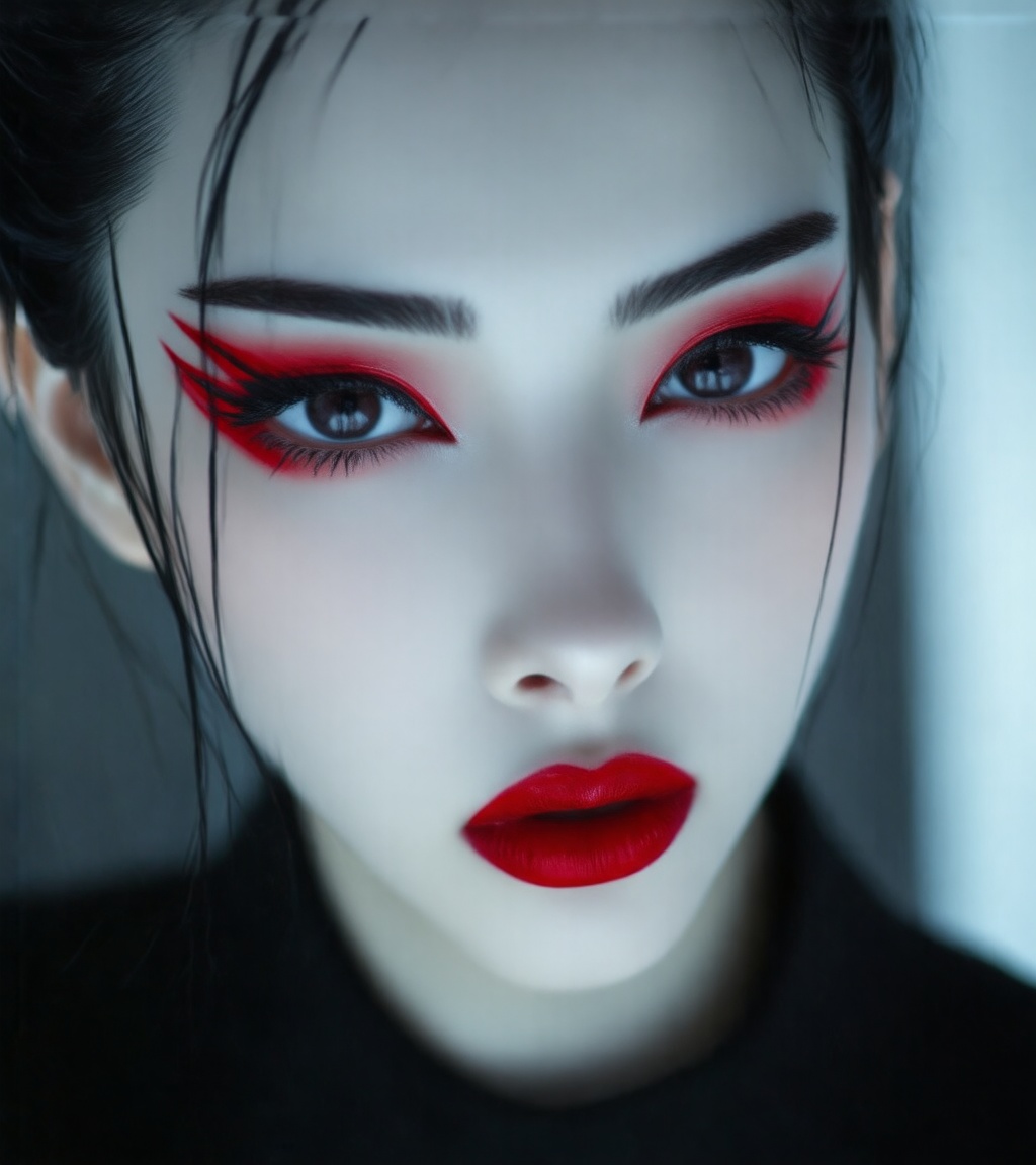 A extreme close-up of a woman with pale skin and striking red eyeshadow her dark hair pulled back. She wears a black top a...