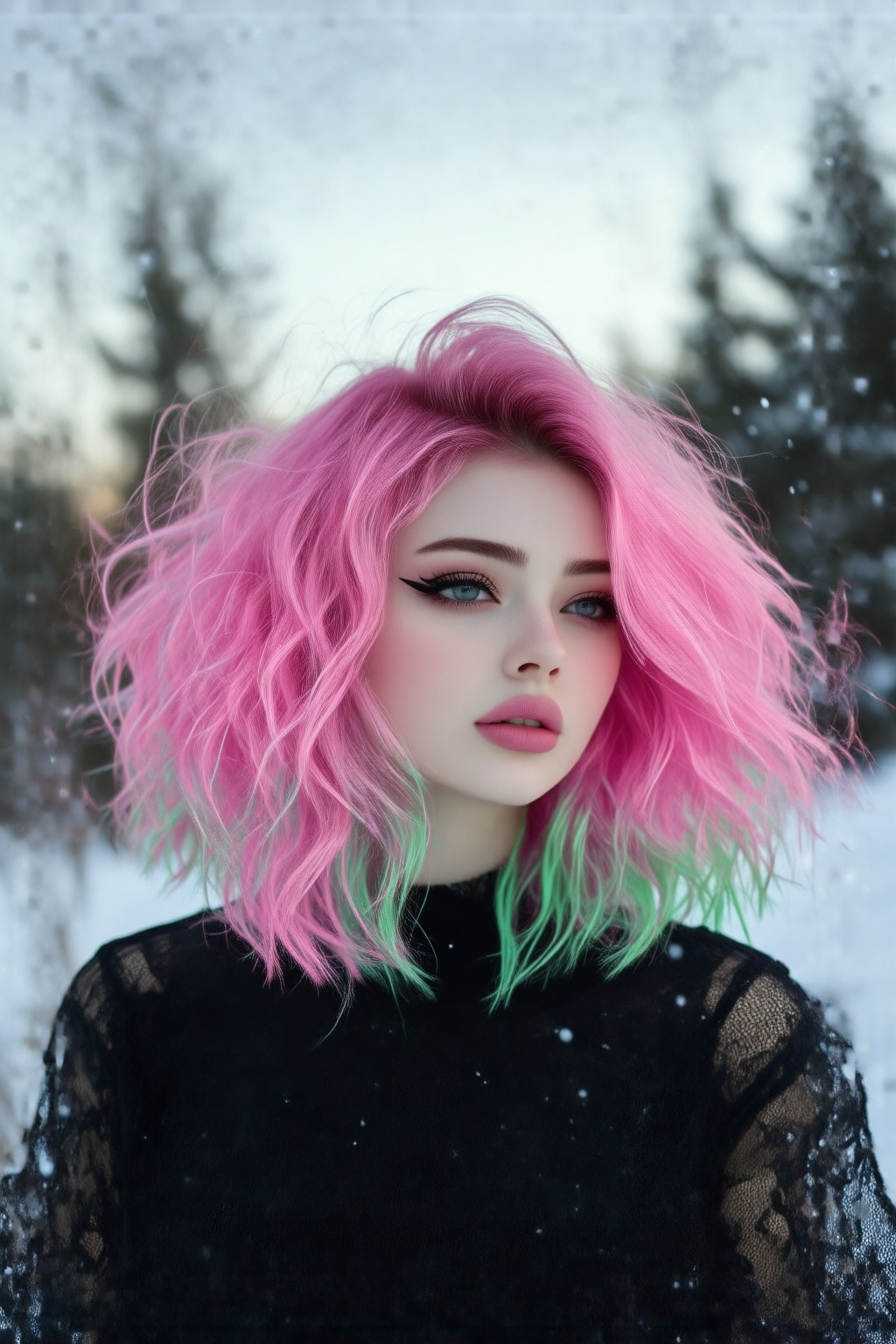 A young woman with vibrant pink and green wavy hair stands outdoors wearing a black lace top. Her makeup is striking with...