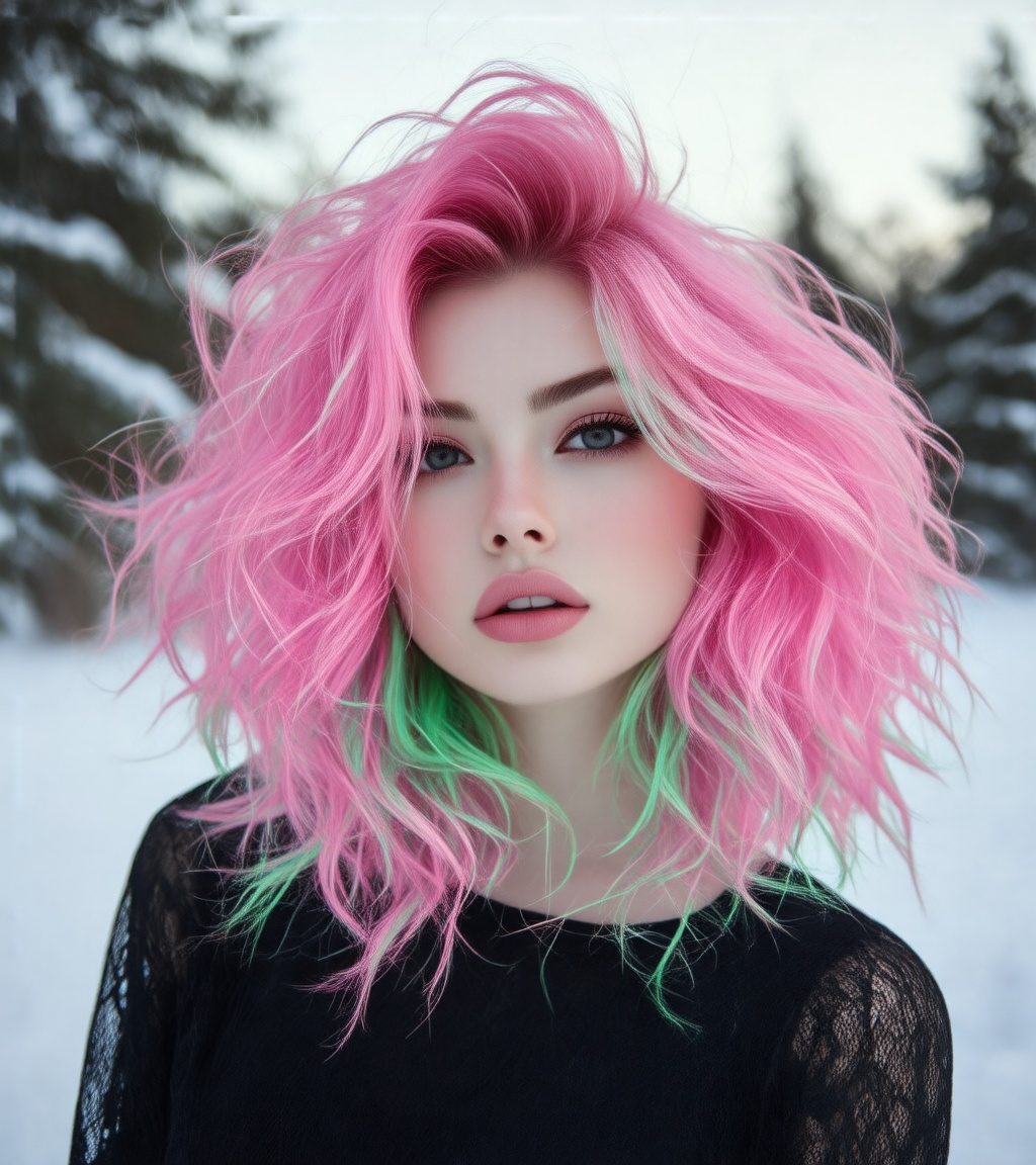 A young woman with vibrant pink and green wavy hair stands outdoors wearing a black lace top. Her makeup is striking with...