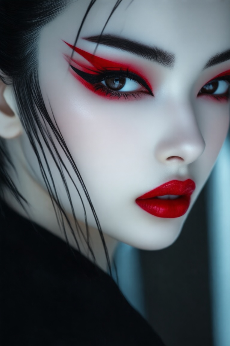 A extreme close-up of a woman with pale skin and striking red eyeshadow her dark hair pulled back. She wears a black top a...