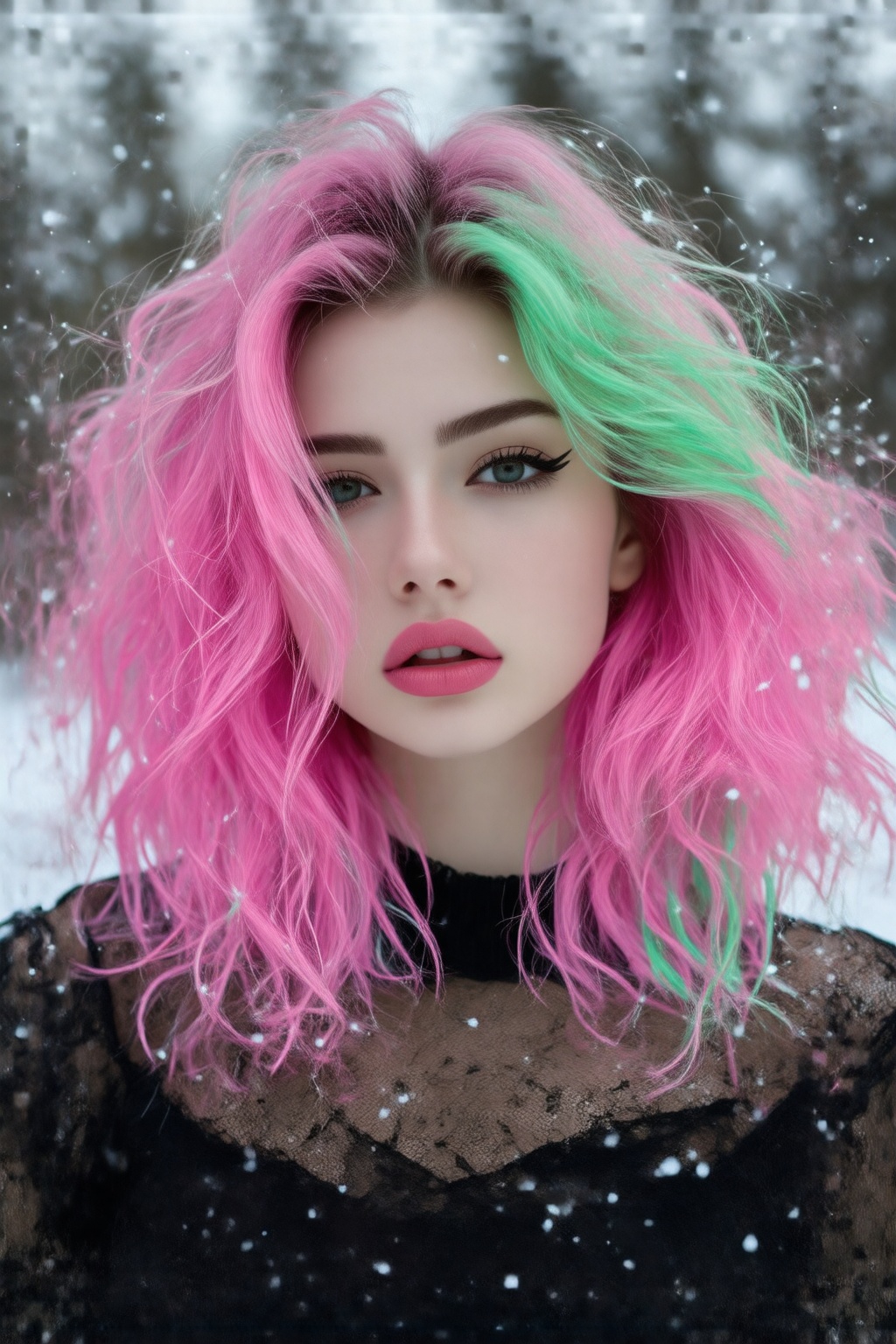 A young woman with vibrant pink and green wavy hair stands outdoors wearing a black lace top. Her makeup is striking with...