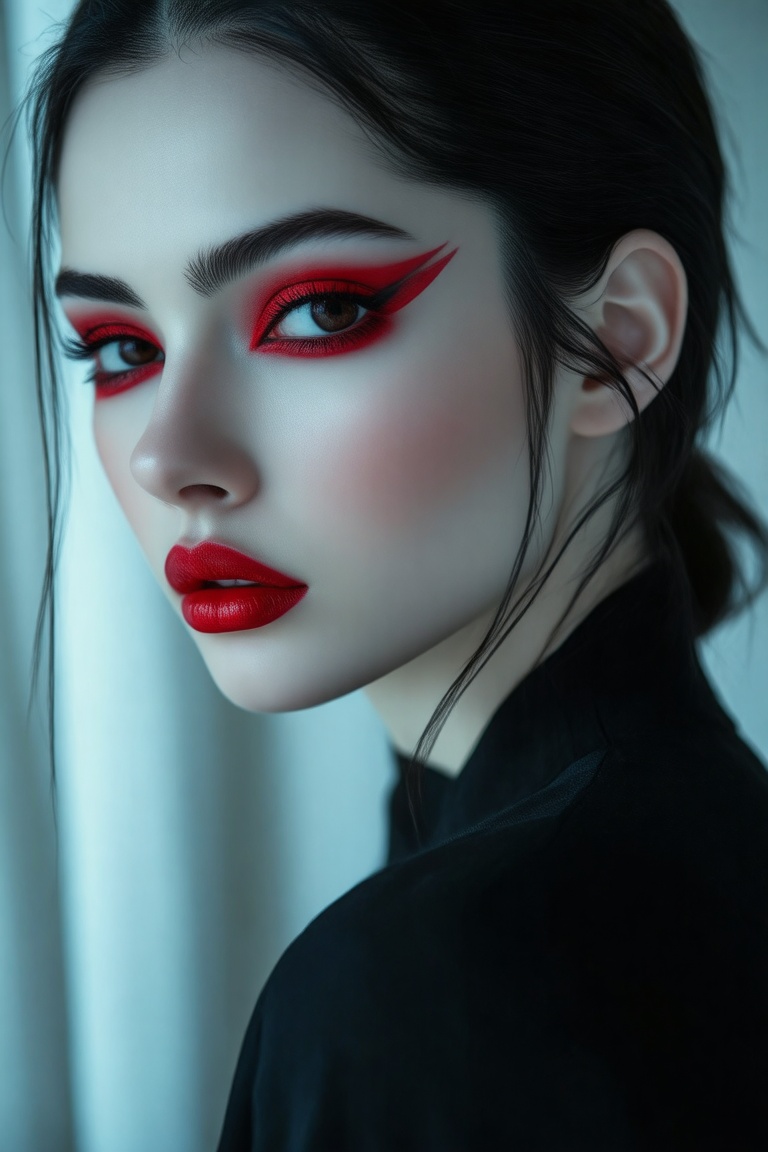 A extreme close-up of a woman with pale skin and striking red eyeshadow her dark hair pulled back. She wears a black top a...