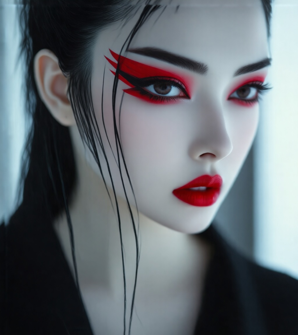 A extreme close-up of a woman with pale skin and striking red eyeshadow her dark hair pulled back. She wears a black top a...
