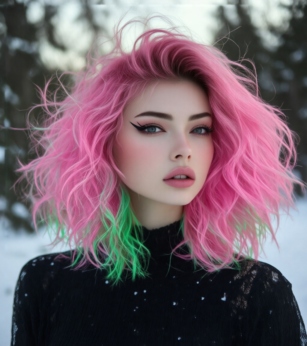 A young woman with vibrant pink and green wavy hair stands outdoors wearing a black lace top. Her makeup is striking with...