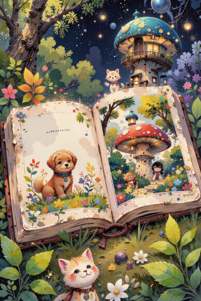 An open,  slightly worn comic booklet lies on a bed of moss,  its faded cover revealing a two-page spread. The pages show...
