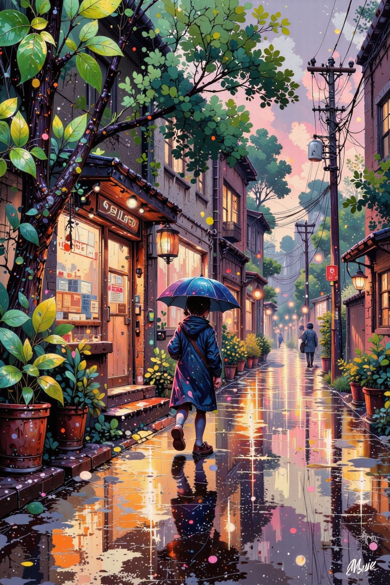 The image depicts a serene,  rain-soaked urban scene at dusk or dawn. The street is wet,  reflecting the colorful lights f...