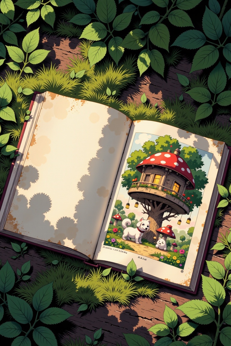 An open,  slightly worn comic booklet lies on a bed of moss,  its faded cover revealing a two-page spread. The pages show...