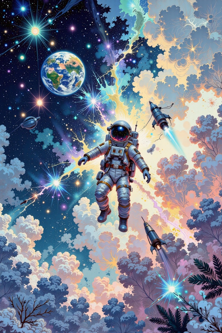 The image depicts an astronaut floating in space,  surrounded by a vast expanse of stars and cosmic clouds. The Earth is v...