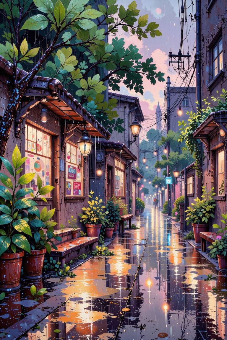 The image depicts a serene,  rain-soaked urban scene at dusk or dawn. The street is wet,  reflecting the colorful lights f...