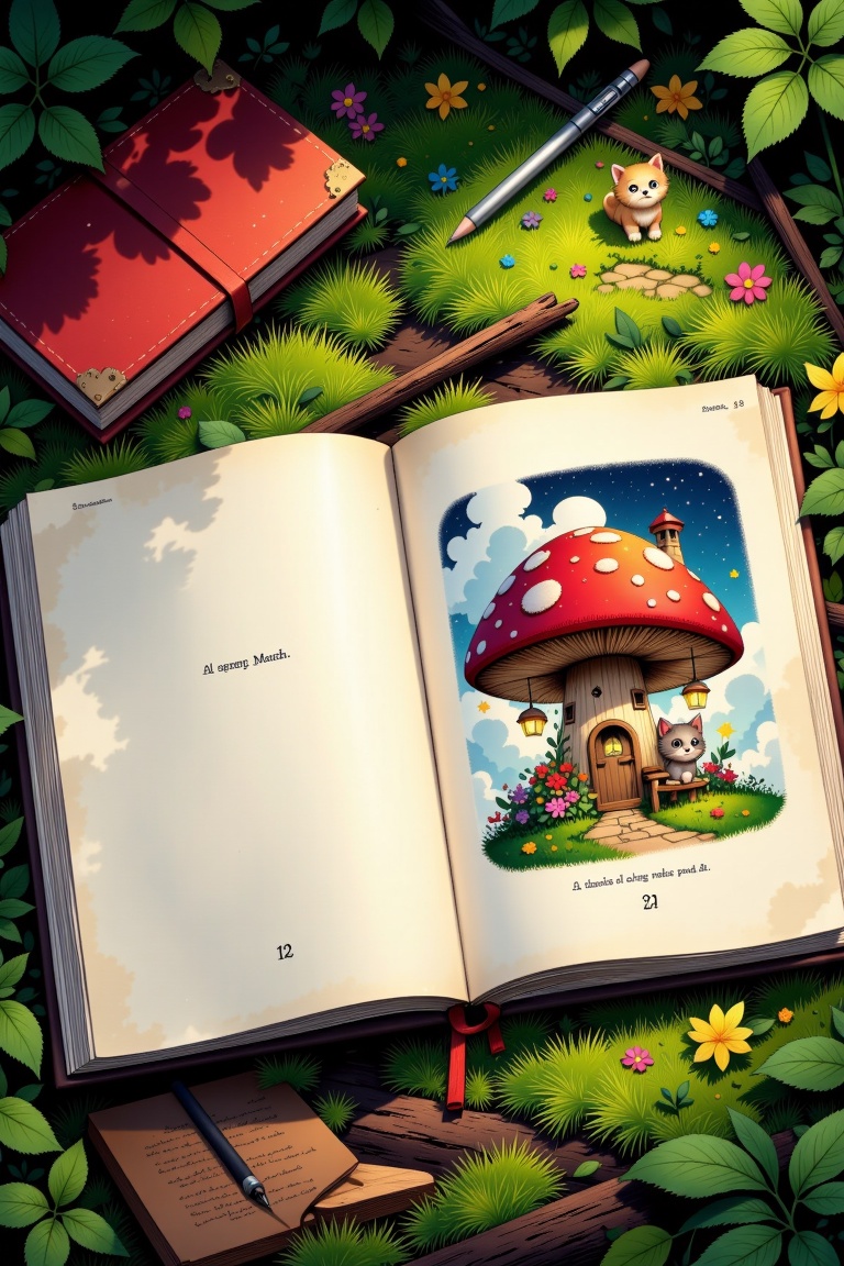 An open,  slightly worn comic booklet lies on a bed of moss,  its faded cover revealing a two-page spread. The pages show...