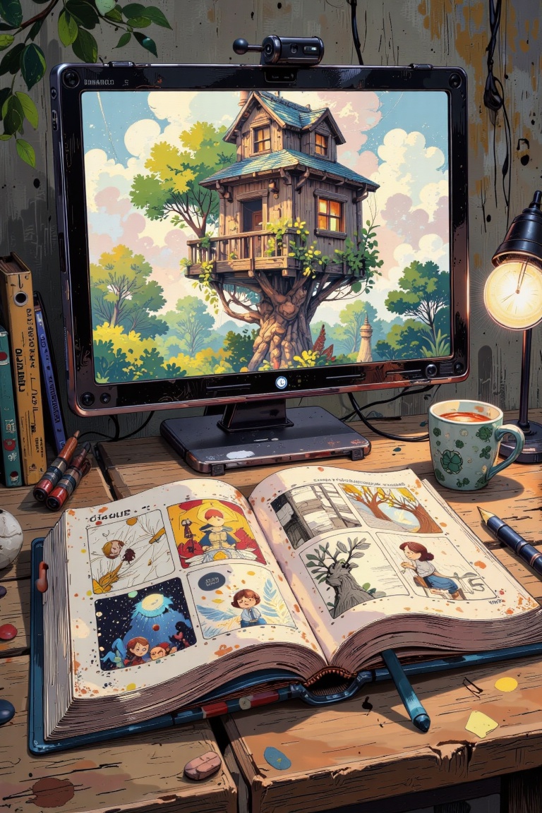 Prompt: A digital screen displays a 3D rendering of a treehouse,  its wooden structure intricately detailed. The screen's...
