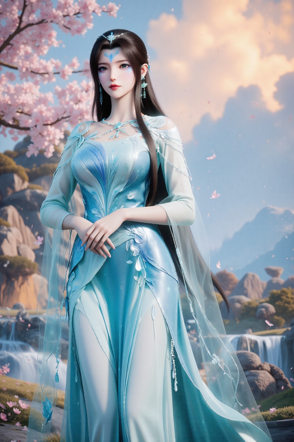 The image depicts a serene and beautifully illustrated scene. A woman is standing in the foreground,  dressed in an elegan...