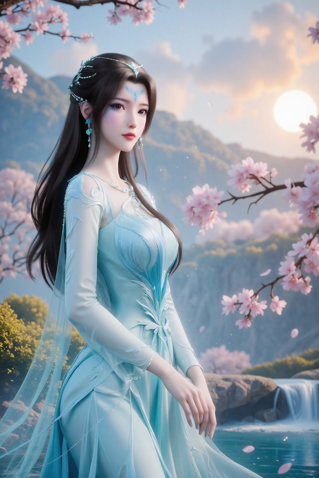 The image depicts a serene and beautifully illustrated scene. A woman is standing in the foreground,  dressed in an elegan...