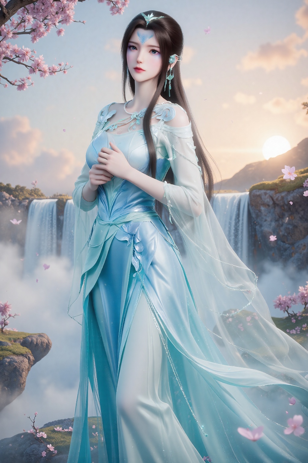 The image depicts a serene and beautifully illustrated scene. A woman is standing in the foreground,  dressed in an elegan...