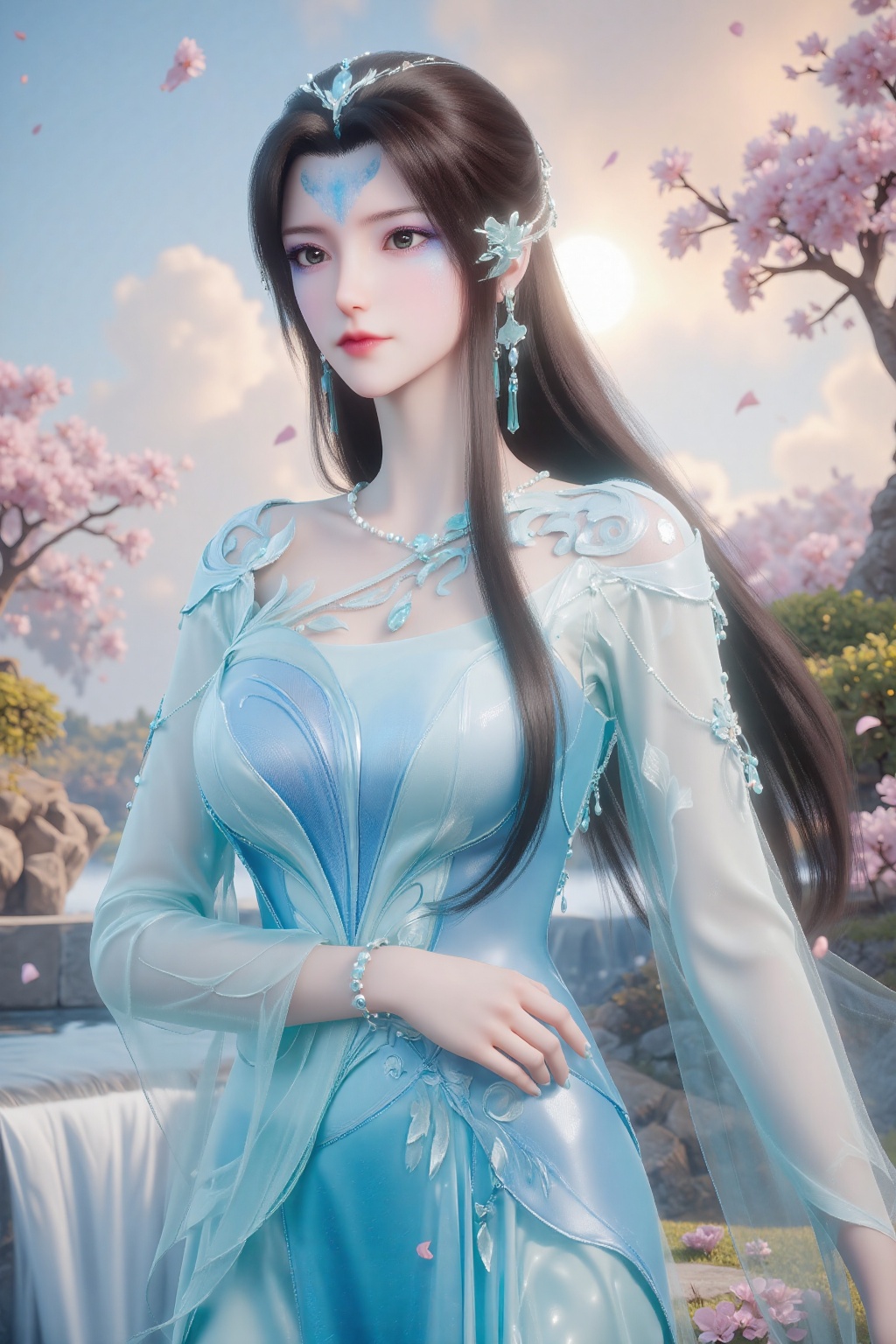 The image depicts a serene and beautifully illustrated scene. A woman is standing in the foreground,  dressed in an elegan...