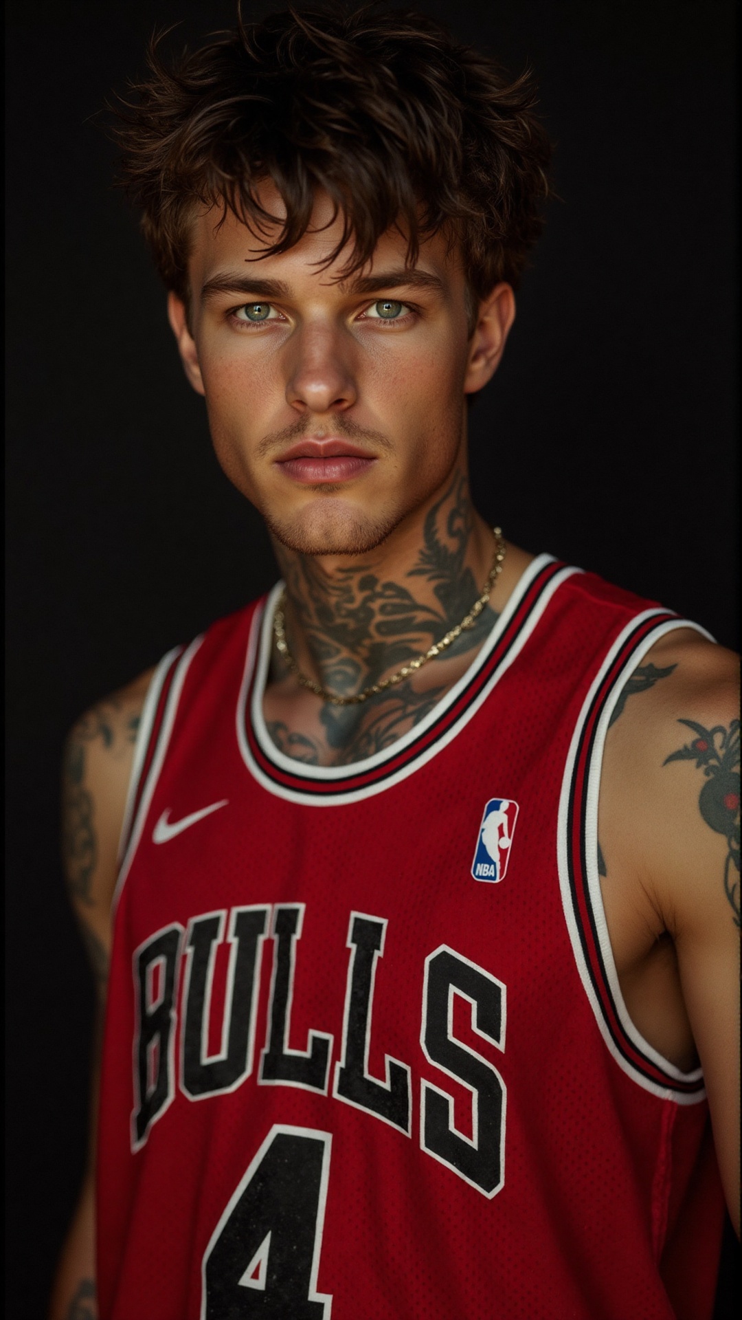 A stunning shot of a 20-year-old Caucasian basketball player,  drenched in sweat,  wearing a red Chicago Bulls NBA jersey...