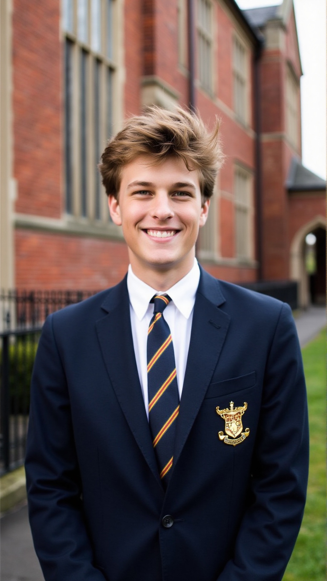 A cheerful young man in a crisp navy blazer and striped tie stands against a classic brick school building,  embodying the...