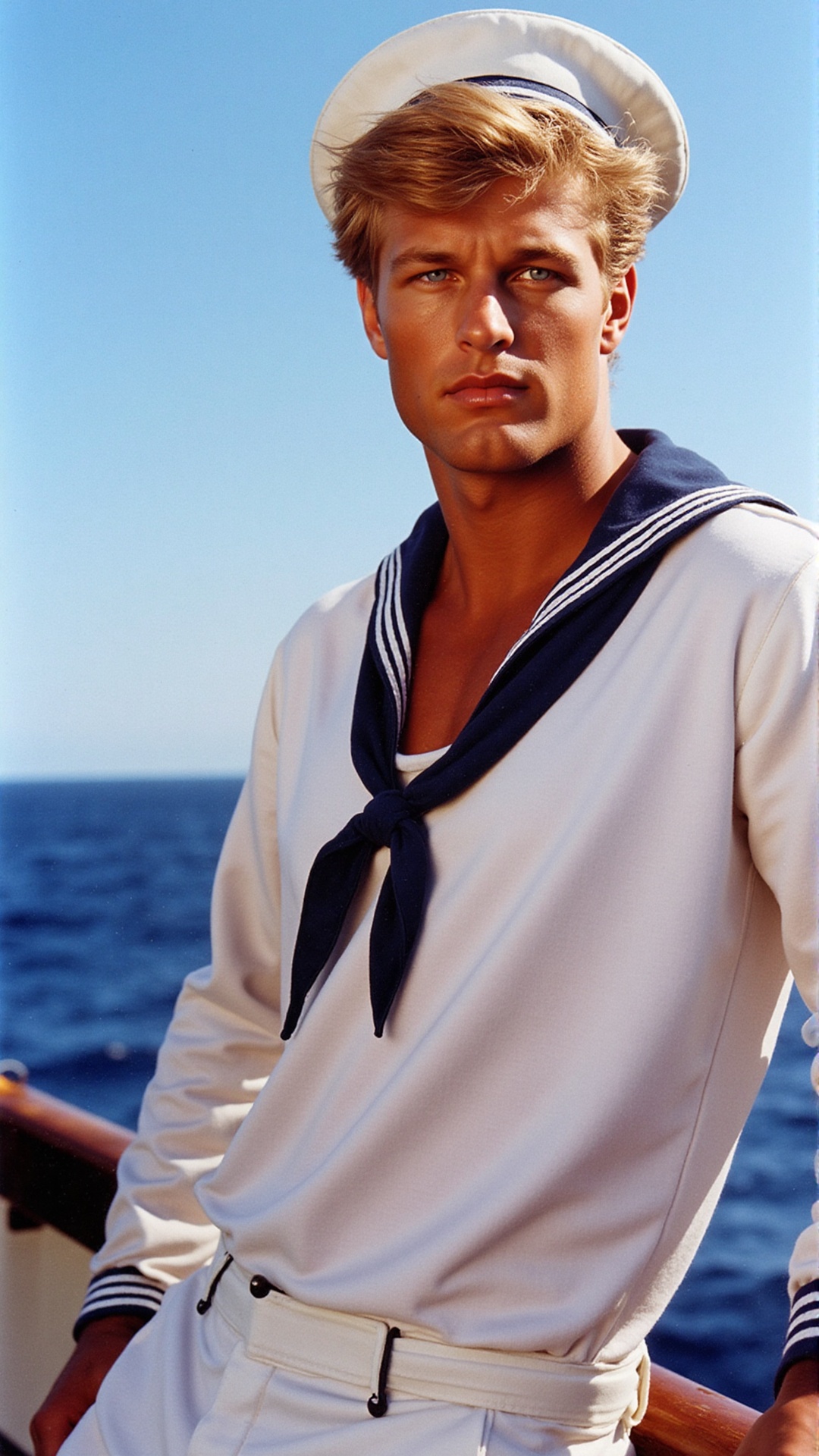 A majestic close-up IMAGE portrait of a blonde American sailor with deep blue eyes stands near the railing of his naval sh...