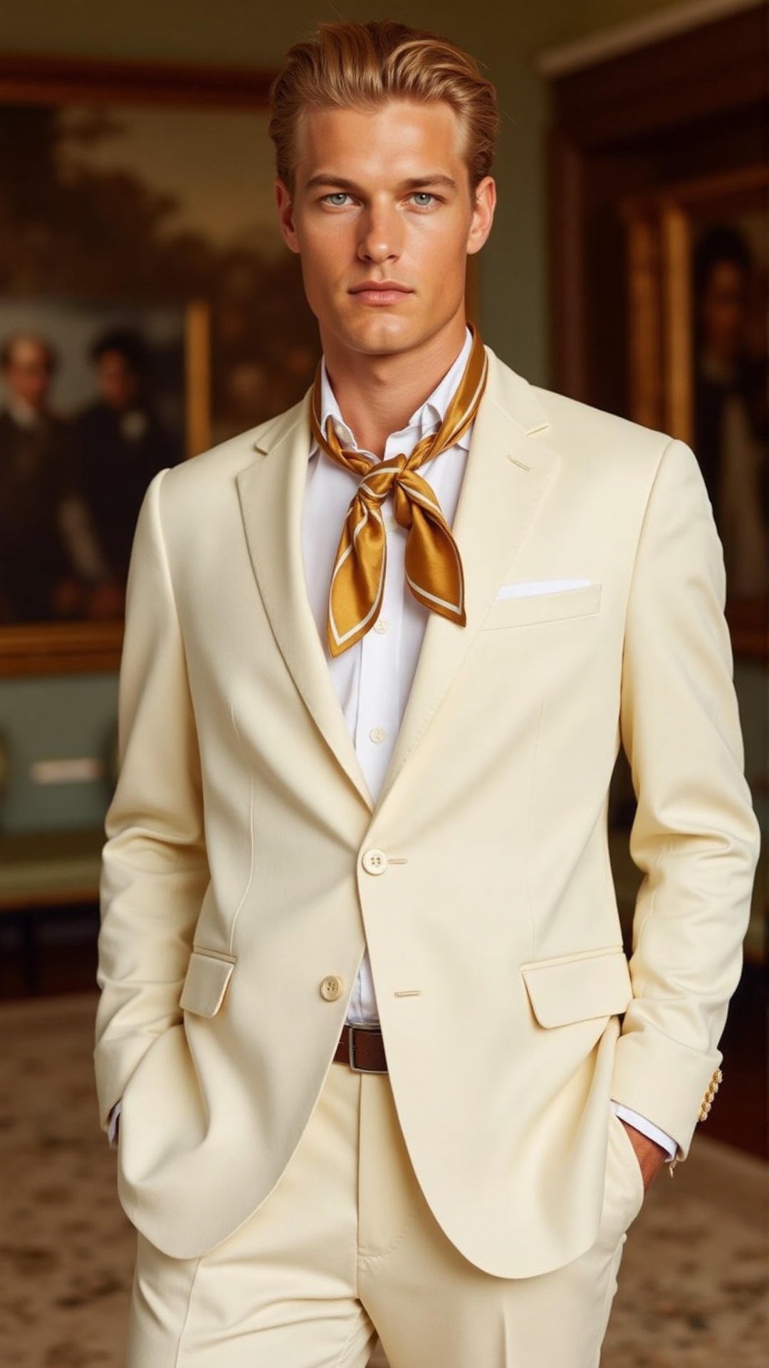 A poised young man exudes timeless elegance in this Ralph Lauren campaign. He wears a crisp ivory suit layered over a whit...