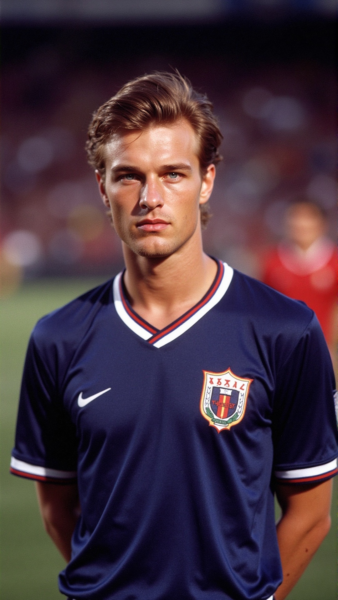 a 2000s paparazzi photo of a 18 years old handsome young man,  he is wearing a tight dark blue soccer jersey. He is very a...