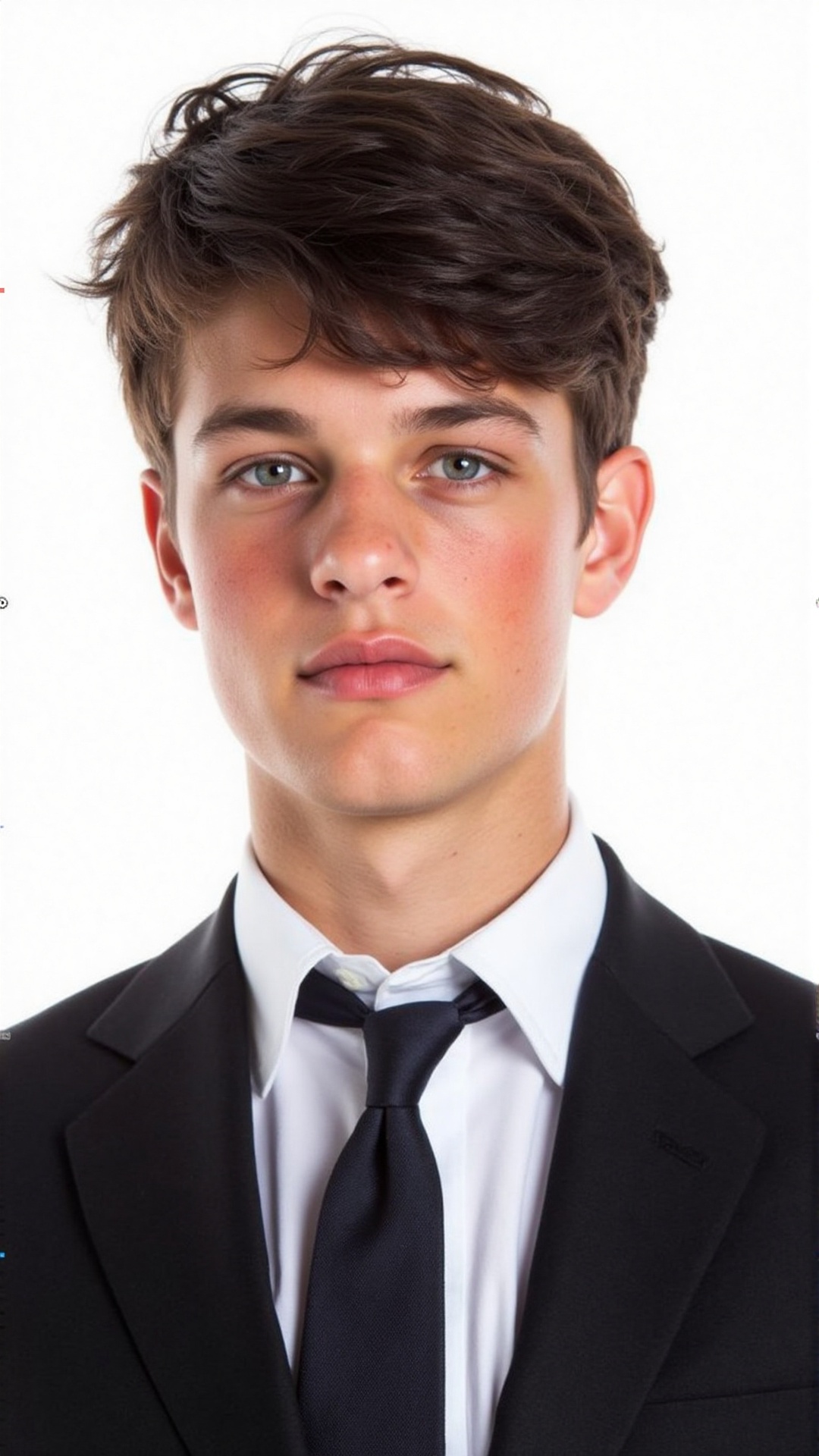 an ID photo of a teenager boy dressed in formal business attire. He has short dark hair,  thick eyebrows,  blushed cheeks...