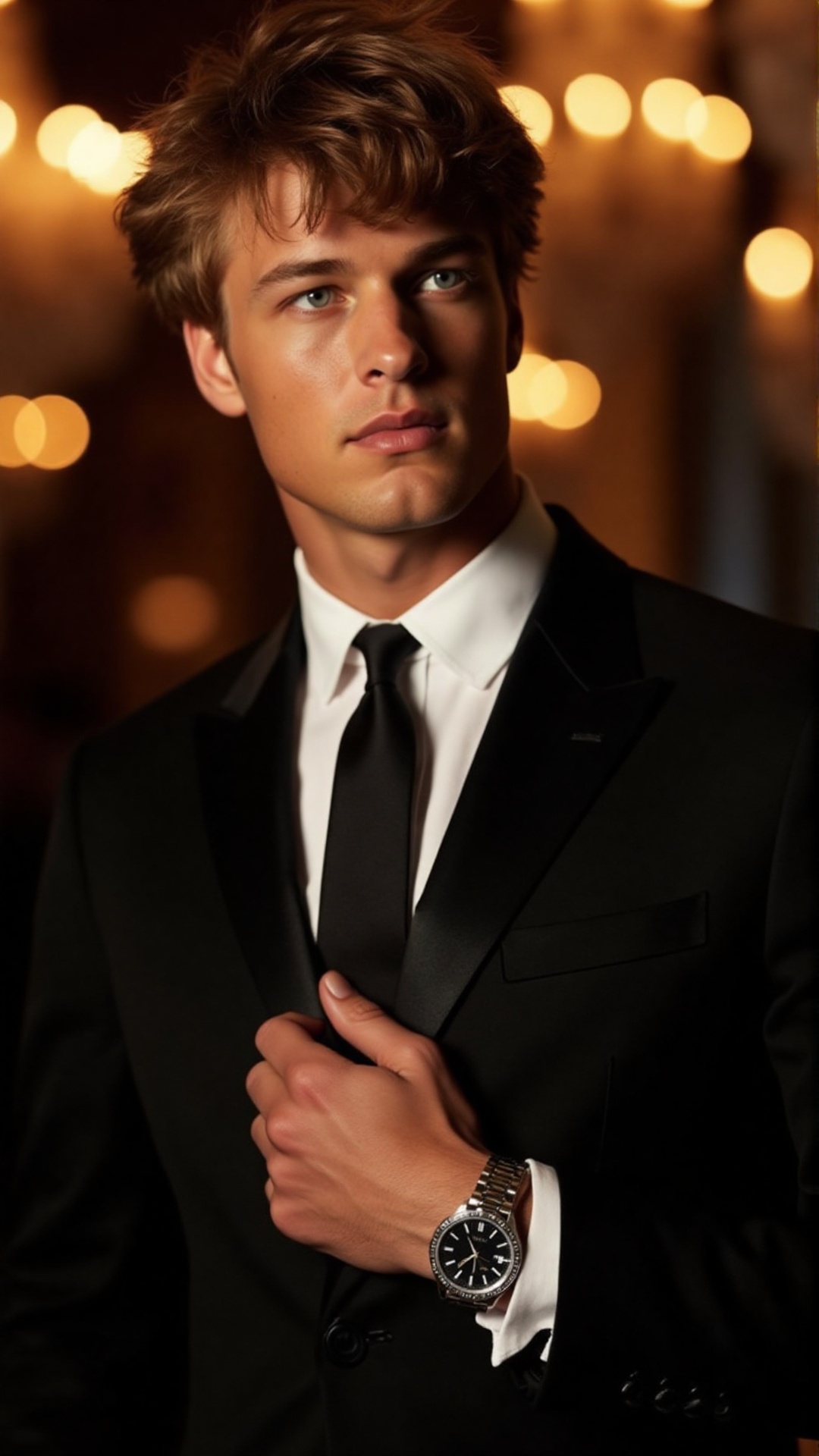 A young man with chiseled facial features,  striking blue eyes,  and tousled dark blonde hair on Tensor.Art