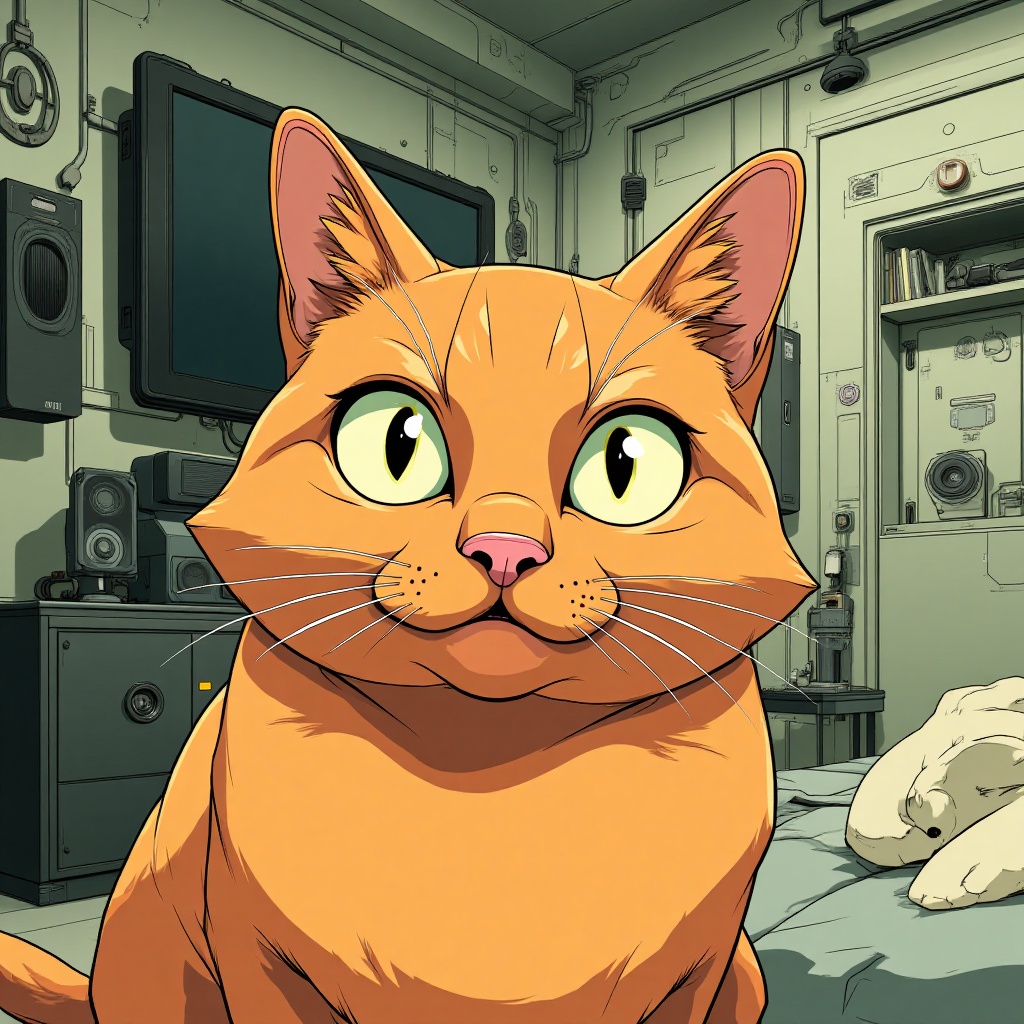 Oil painting cartoon illustration of a cat,  with minimalist sci-fi aesthetics,  flat colors with soft shading on Tensor.Art