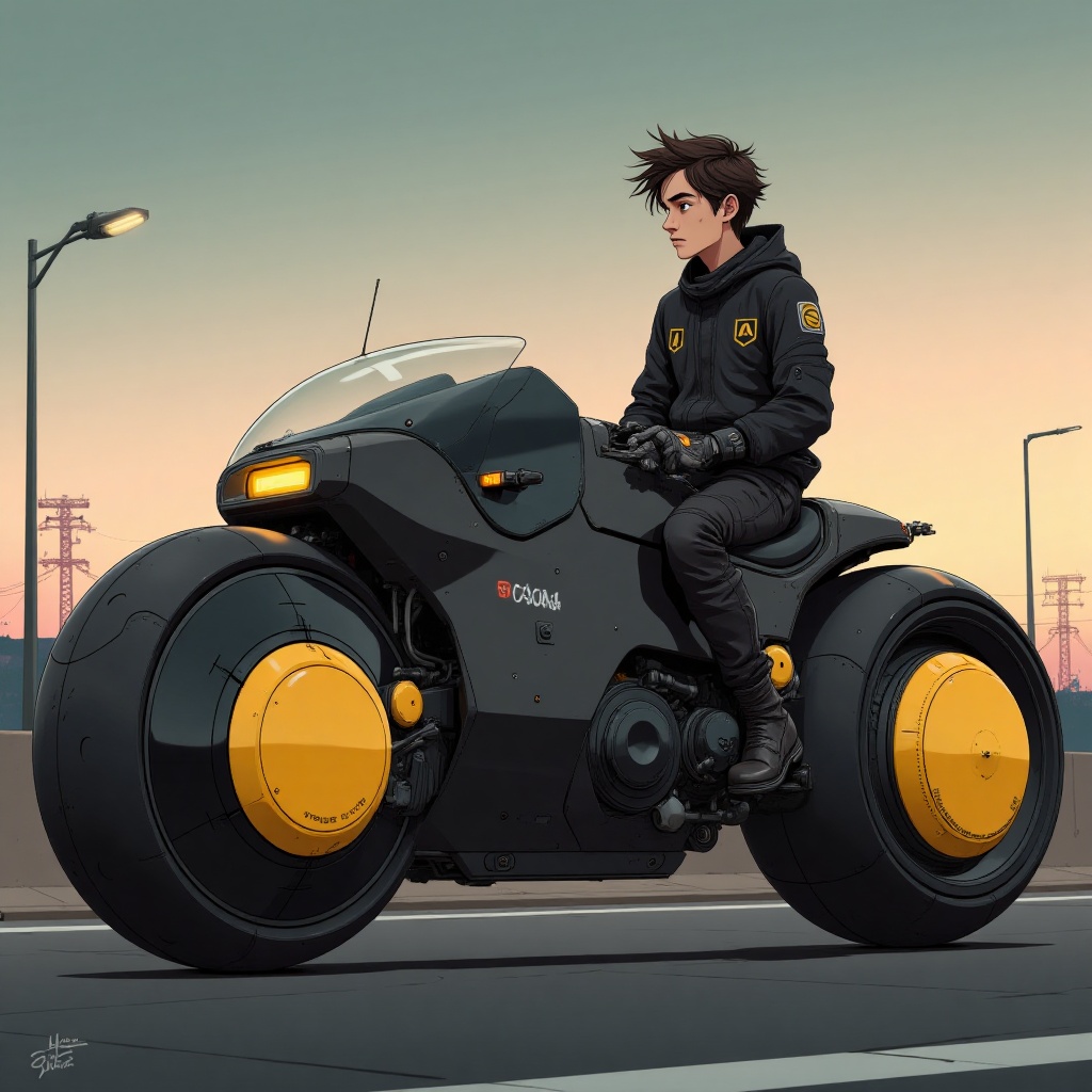 Oil painting cartoon illustration of a futuristic electric motorcycle,  with a minimalist sci-fi aesthetic,  flat colors w...