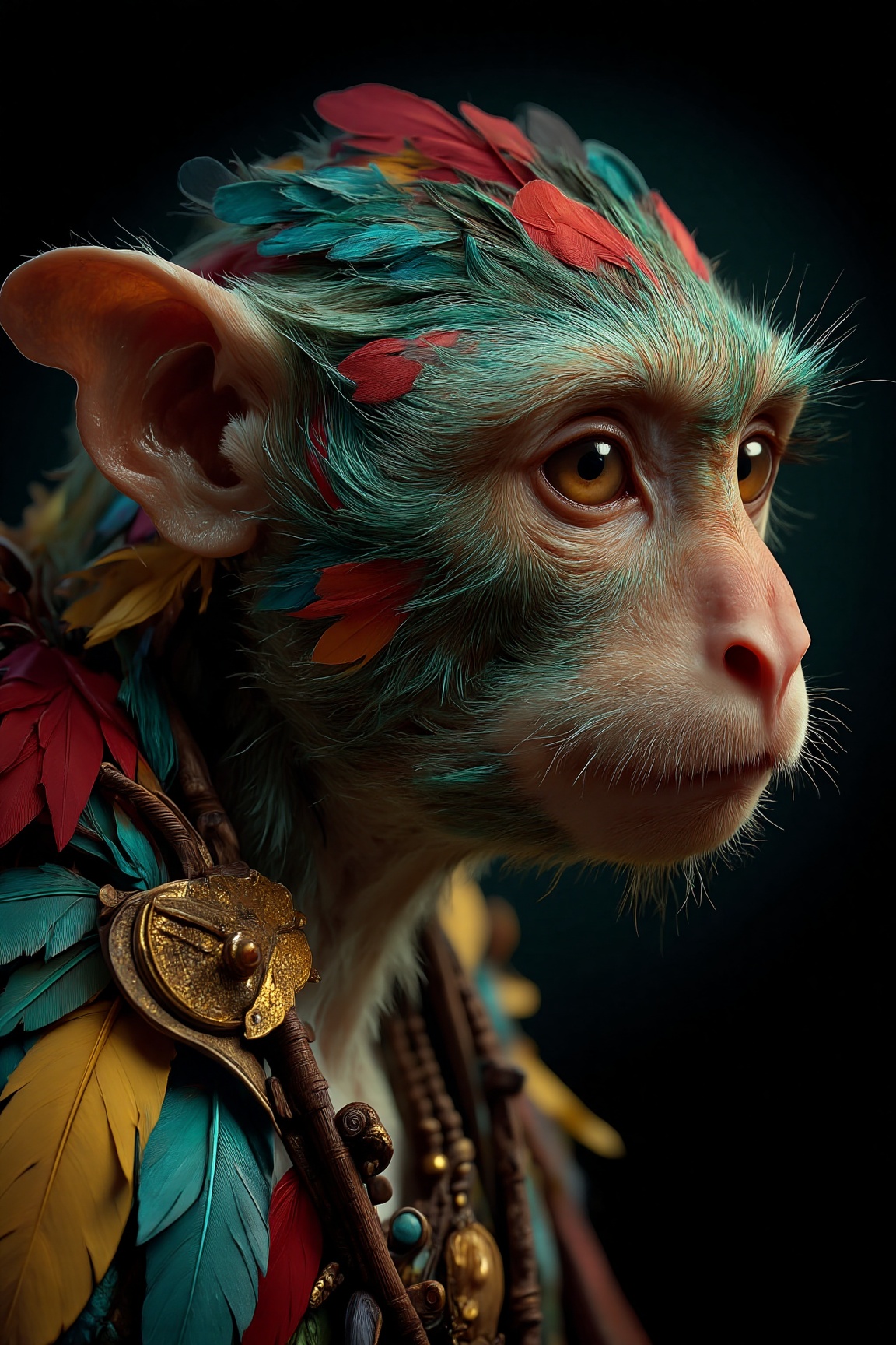 MJv7 style animaaal,  The image features a close-up of a monkey adorned with vibrant,  colorful feathers. The monkey's fur...