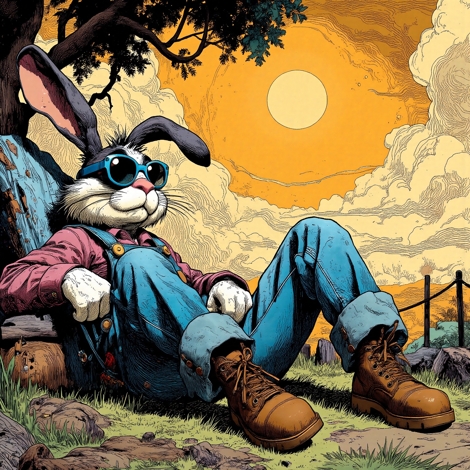 MJv7 style animaaal,  The image depicts an anthropomorphic rabbit character lounging on the ground with its legs crossed a...